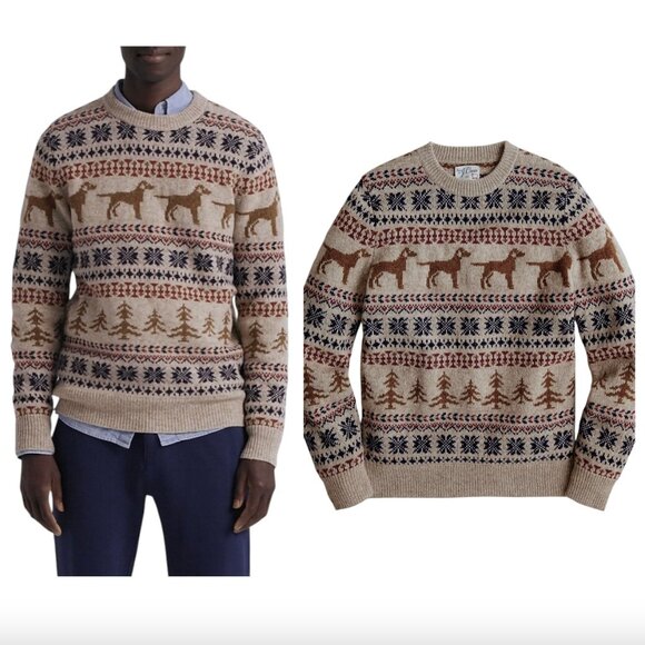 J CREW mens Fair Isle dog pattern crewneck sweater sz L #BC507 - Picture 1 of 6